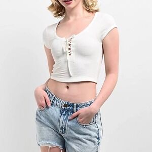 Hesperus Lace-Up Crop Top Blouse Ribbed Knit Short Sleeve Casual‎ White Sz L NWT